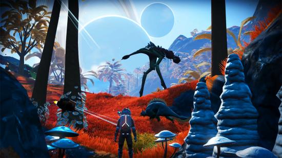 No Man's Sky crossplay - a traveeller stood on orange grass inbetween trees with planets in the distance