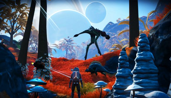 No Man's Sky crossplay - a traveeller stood on orange grass inbetween trees with planets in the distance