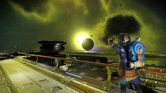 Art for the No Man's Sky expedition called Polestar, showing a spaceman in space standing on the exterior of a ship. In the distance a large planet blocks out the sun.