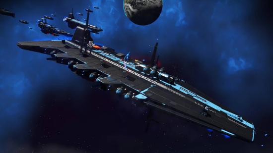 No Man's Sky freighters: a screenshot from the game No0 Man's Sky shows a small spaceship heading towards a large, long freighter with a huge metal surface.