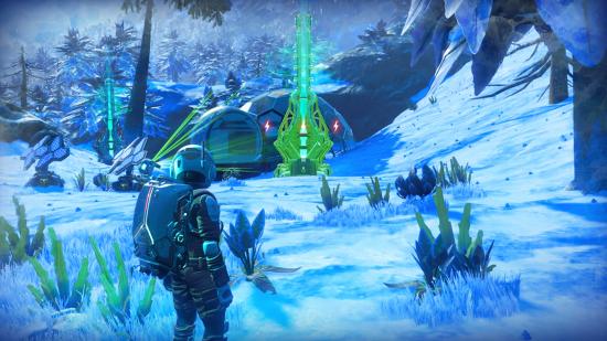 No Man's Sky how to save - a traveller stood on an icey planet in front of an iglu and a beacon
