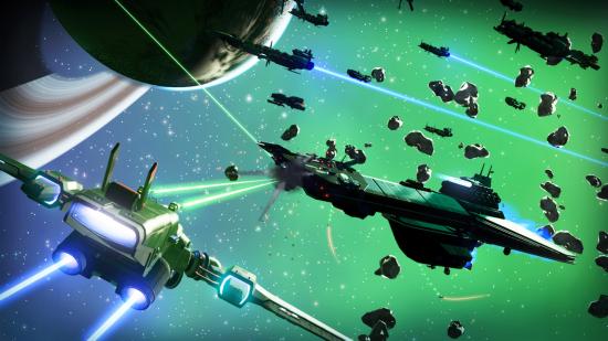 No Man's Sky multiplayer - loads of ships flying in space past planets