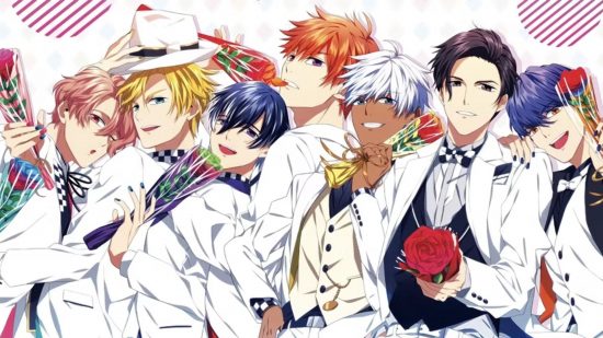 A group of Obey Me characters in white suits
