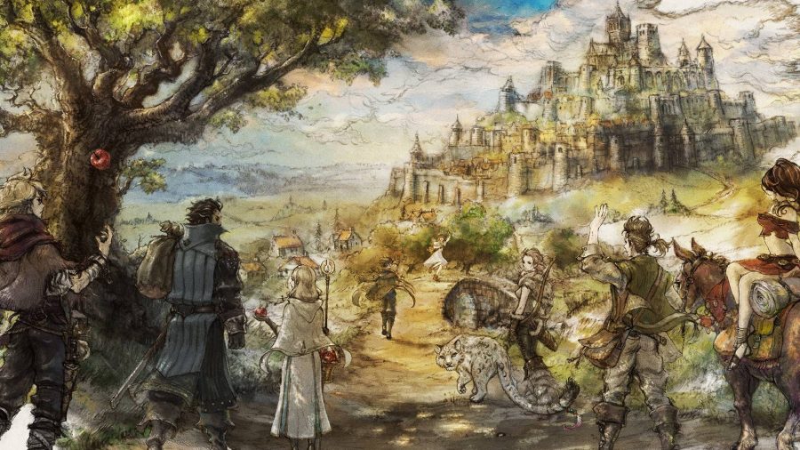 Octopath Traveler characters: key art for the game Octopath Traveller shows the party of eight walking up a idyllic country road talking amongst themselves, and moving towards an important looking castle