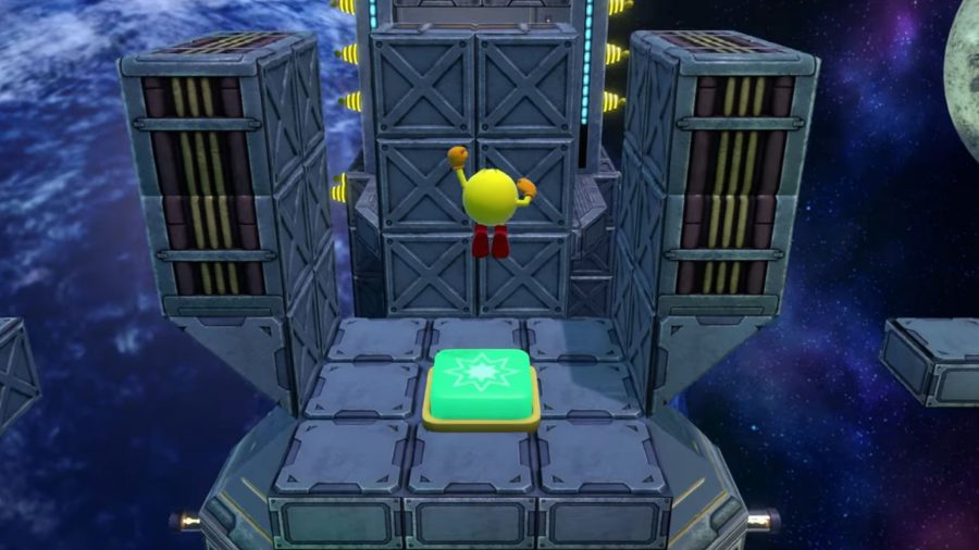 Pac-Man in Pac-Man World Re-Pac jumping to reach a platform