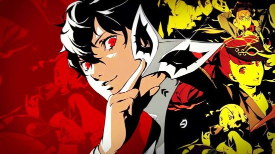 Persona 5 characters: A graphic of all of the characters from Persona 5 Royal, with Joker's face in the middle holding his mask