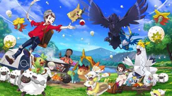 art from Pokemon Sword and Shield showing a boy in red jumpin in the air and catching a Pokeball. He's above some wooloo (basically sheep) and next to him are a load of other pokemon like a giant black bird and a red hamster type thing.