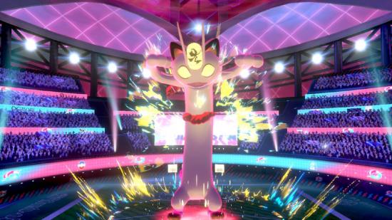 Pokemon Company charity donation: A screenshot from the game Pokemon Sword and Shiled shows Dynamax Meowth performign the move Gold Rush, where a huge pile of coins erupts from its body
