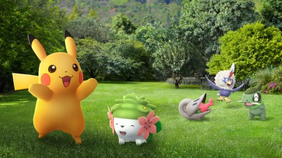 Pikachu and Shaymin having a nice time celebrating Pokémon Go Safari Zone: Goyang