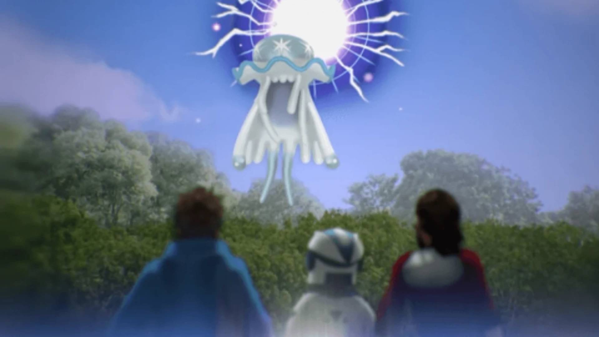 Pokemon Go Ultra Beasts: the jellyfish Pokemon Nihilego appears through a wormhole in front of several Pokemon trainers