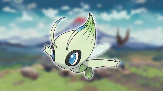Mythical Pokemon: A backgrounds shows a screenshot from Pokemon Legends: Arceus, while the foreground shows key art of the Pokemon Celebi