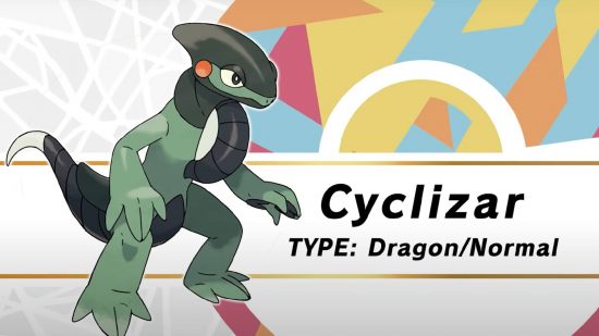 Pokemon Scarlet and Violet new Pokemon: text displayed the name of the Pokemon Cyclizar, as well as the dragon/normal typing. Cyclizar is a lizard Pokemon with a wheel in its chest