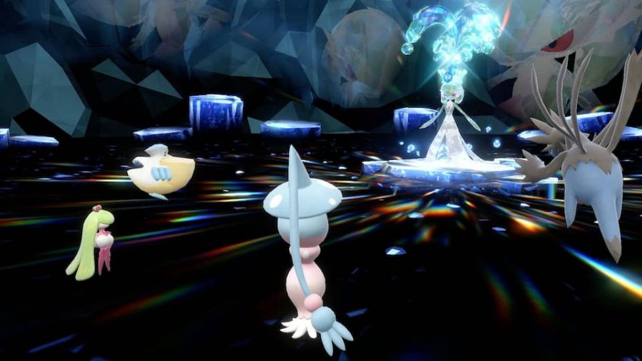 Pokemon Scarlet and Violet tera raid battles: four Pokemon face down one larger crystal covered Pokemon