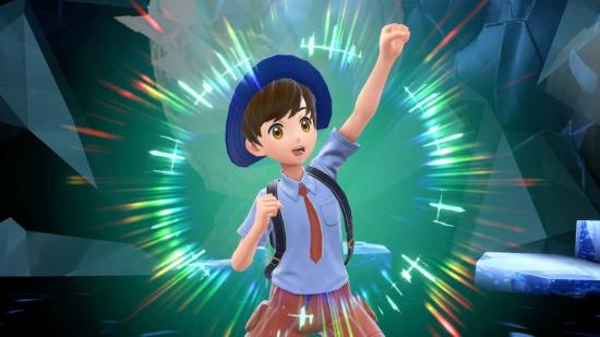 Pokemon Scarlet and Violet tera raid battles: a pokemon trainer jumps in the air and cheers