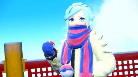 Scarlet and Violet gym leade Grusha wearing a pink and bluee scarf while holding a poke ball