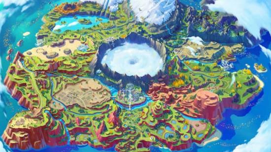 A map of the Paldea region in Pokémon Scarlet & Violet. IN the middle is a large stony bowl-type thing that looks like it's full of clouds. In the back is a large snowy mountain, nearer the from some sandy outcrops and whatnot. The whole thing is surrounded by a circle of water.