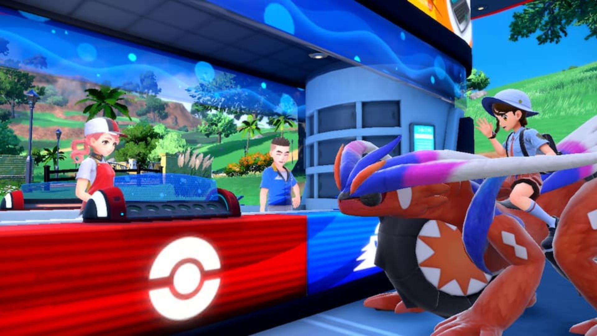 A woman behind a red counter in a Poke centre (it basically looks like a shopping mall). On the right is a red creature with a wheel in between its front legs and another between its hind legs. It's on all fours, and atop it is a person. This is from Pokemon Scarlet & Violet. Weird, right?