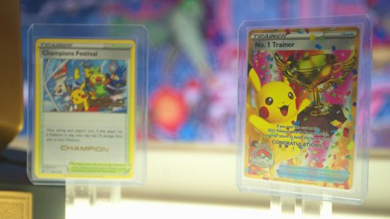 Pokemon Worlds 2022: a close-up shot shows the two special Pokemon cards trainers could earn at the Pokemon Worlds 2022, both featruing a celebratory Pikachu