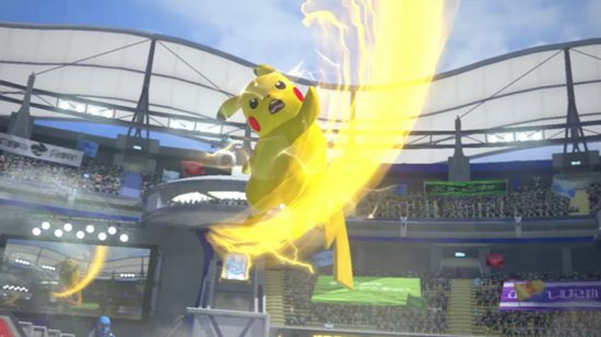 Pikachu, from Pokemon, who is sort of a small electric yellow rat, jumping in the sky with a slash of yellow lightning in from of him. Behind are stadium stands.