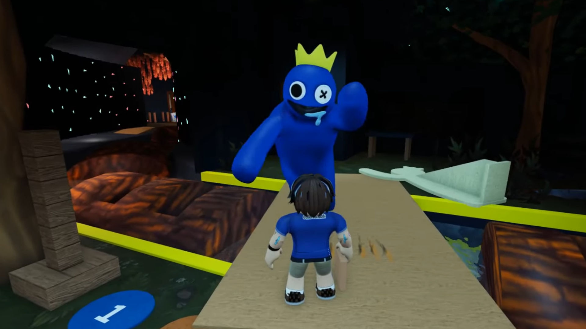 One of the Rainbow Friends characters, Blue, chasing the player