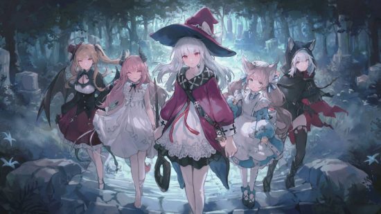 Revived Witch tier list: key art shows several witch characters stood in a line in a gloom room