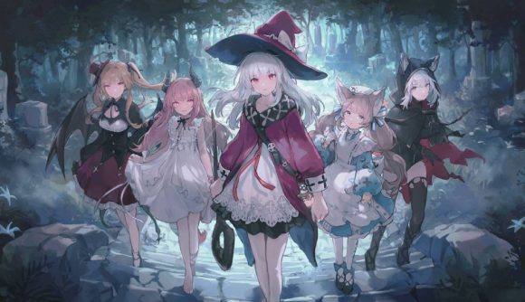 Revived Witch tier list: key art shows several witch characters stood in a line in a gloom room