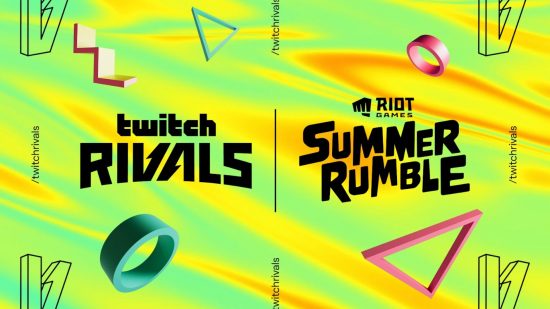 The Twitch Rivals logo next to the Riot Games Summer Rumble logo on a background of sickly green with slashes of yellow and a few squiggles.