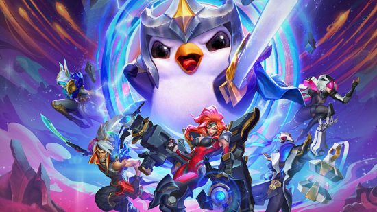 Art for Teamfight Tactics showing a giant penguin with a sword and metal helmet filling most of the sky, with various characters in from of them, much smaller, in futuristic outfits with big weapons.