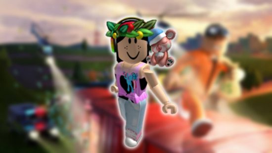 Roblox Avatar Maker: A Roblox avatar is visible in a fancy outfit against a backgroudn pulled from a Roblox game