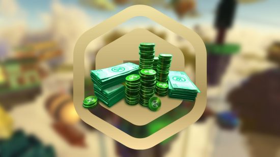 A blurred image of a Roblox scene backgrounds the Robux logo with a pile of cash over the top of it, to represent Roblox free Robux.