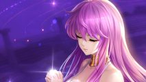 Art from Saint Seiya: Legend of Justice featuring a long pink-haired women with her hands clasped together like she's praying. She has some gold jewlery covering her neck, her eyes closed, and a peaceful expression on her face. The background is purple with the tiny outline of small planets and lines showing the routes of their orbit.