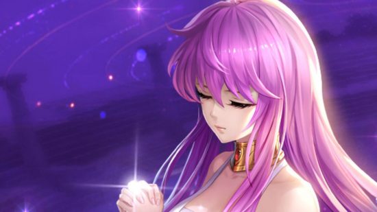 Art from Saint Seiya: Legend of Justice featuring a long pink-haired women with her hands clasped together like she's praying. She has some gold jewlery covering her neck, her eyes closed, and a peaceful expression on her face. The background is purple with the tiny outline of small planets and lines showing the routes of their orbit.