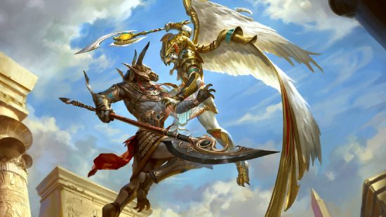 Smite builds: Smite key art shows the egyptian god Set locked in battle with Horus