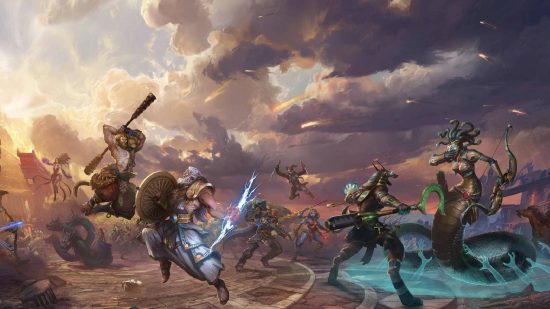 Smite builds: Smite key art shows several characters locked in battle
