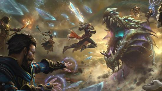A selection of Smite characters gathered together fighting a massive dragon in the sky