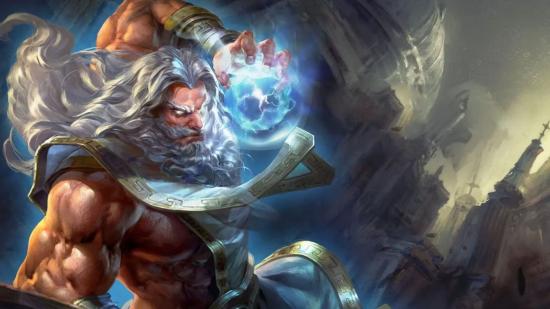 Smite character Zeus winding up a potent ball of thunder in the skies