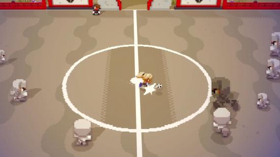 A screenshot from Soccer Story showing a 2.5d pitch with a woman playing football surrounded by other less colourful players.