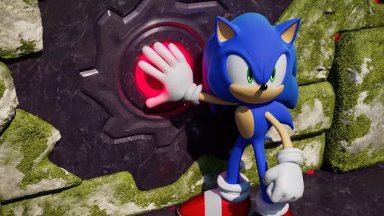 Sonic Frontiers pre-orders screenshot showing Sonic resting his hand on a strange rune.