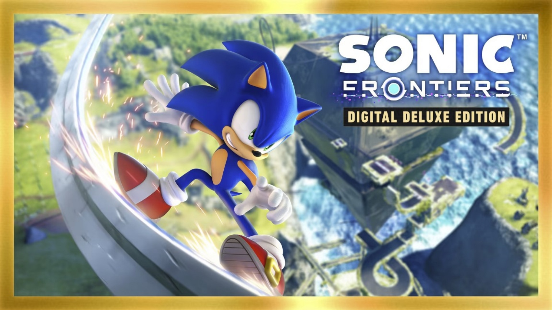 Sonic Frontiers pre-order image showing artwork of Sonic grinding beside the logo of Sonic Frontiers Digital Deluxe Edition.