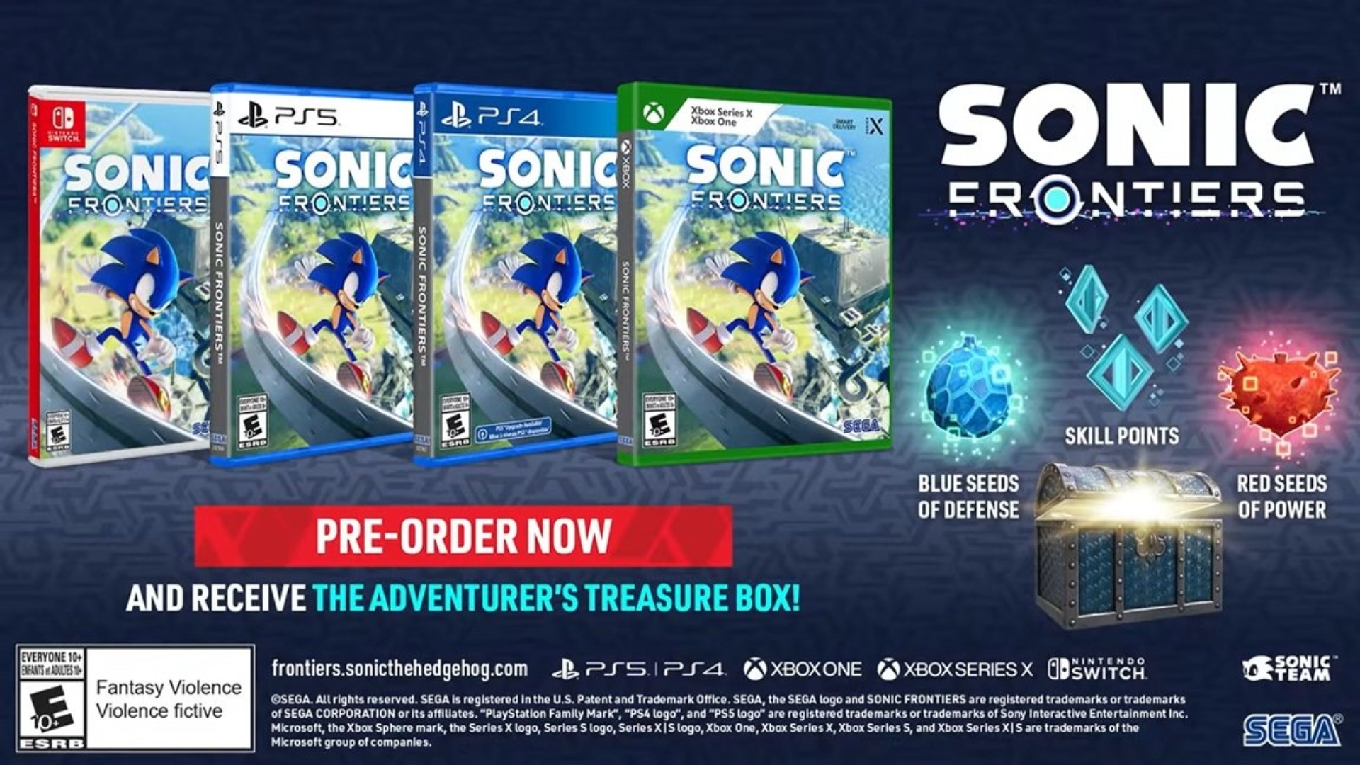 Sonic Frontiers pre-orders image showing copies of the game on Nintendo Switch, PS5, PS4, and Xbox, as well as the details of the Adventurer's Treasure Box, detailed below.