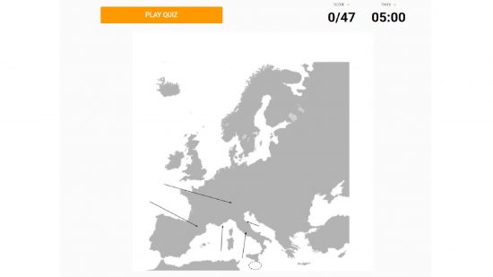 Sporcle European countries: a screenshot from the website Sporcle shows a diagram for the quiz known as Countries of Europe: No outlines minefield 