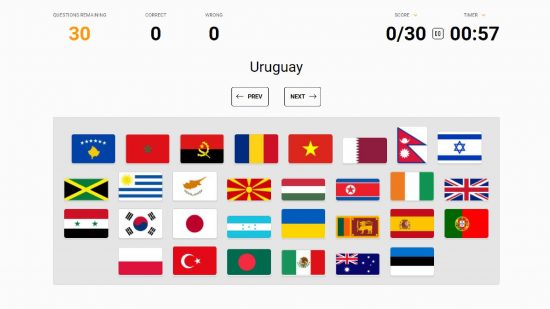 Sporcle flags of the world: A screenshot from Sporcle shows the geography quiz known as 30 in 60: flags in the world 