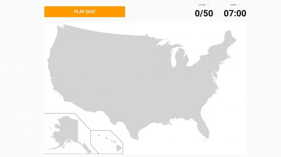 Stany Sporcle: widoczny jest schemat Stanów Zjednoczonych oraz quiz oparty na nazwaniu stanów USA