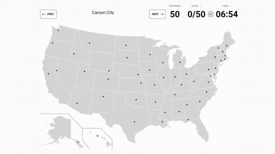 Stany Sporcle: widoczny jest schemat Stanów Zjednoczonych oraz quiz oparty na nazwaniu stanów USA