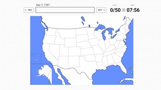 Sporcle states: a diagram of the United States is visible as well as a quiz based on naming the US states