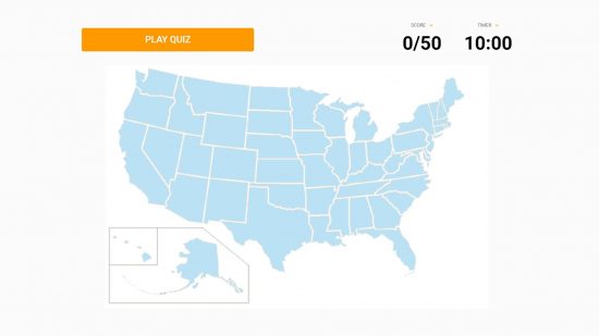 Sporcle states: a diagram of the United States is visible as well as a quiz based on naming the US states