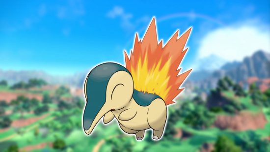 Starter Pokemon: a background image shows a screenshot from Pokemon Scarlet and Violet, while the foreground image shows key art of the Pokemon Cyndaquil