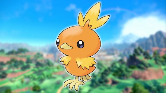 Starter Pokemon: a background image shows a screenshot from Pokemon Scarlet and Violet, while the foreground image shows key art of the Pokemon Torchic