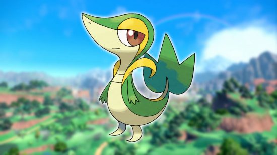 Starter Pokemon: a background image shows a screenshot from Pokemon Scarlet and Violet, while the foreground image shows key art of the Pokemon Snivy