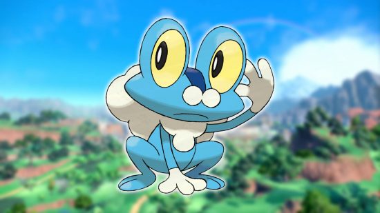 Starter Pokemon: a background image shows a screenshot from Pokemon Scarlet and Violet, while the foreground image shows key art of the Pokemon Froakie